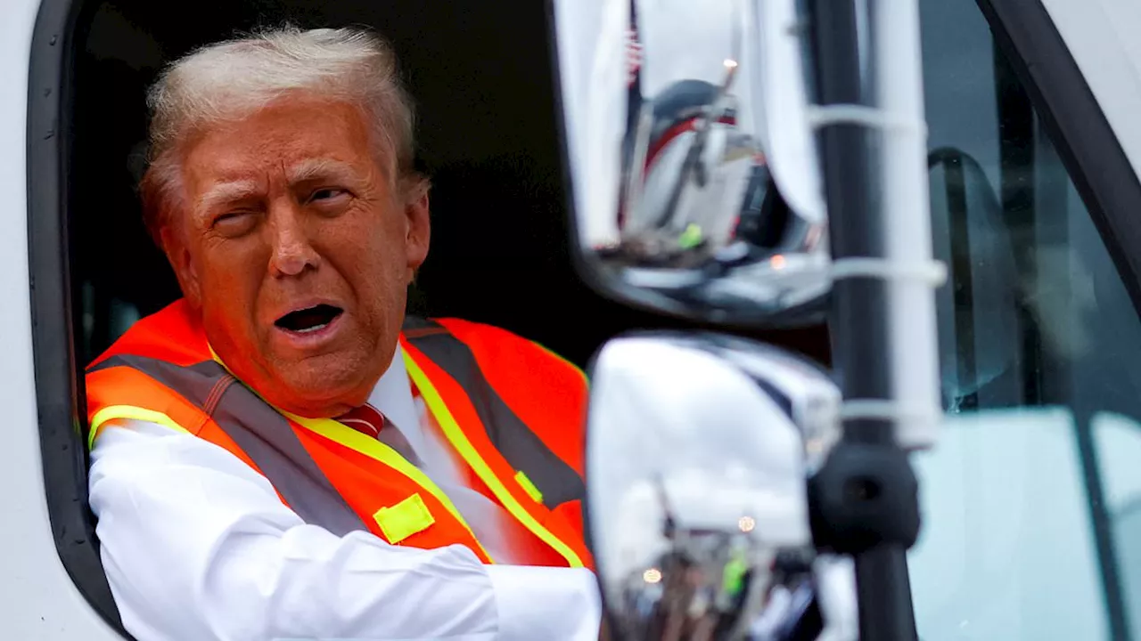 Trump trolls Harris and Biden by riding a GARBAGE TRUCK to his Wisconsin rally