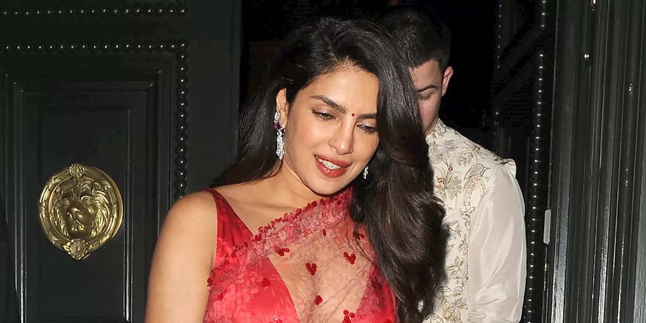 Priyanka Chopra Is a Vision in a Sheer Scarlet Sari to Celebrate Diwali