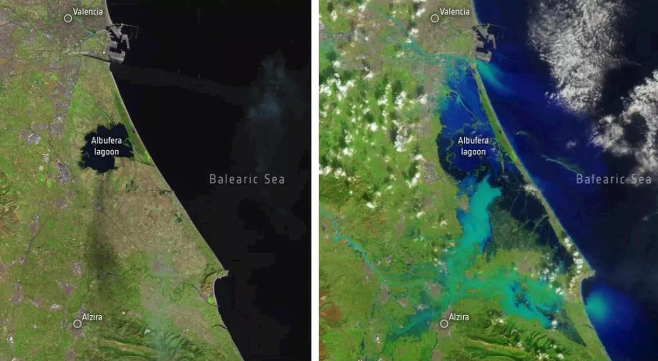 Alluvione Valencia, la devastazione nelle foto satellitari: l'area della laguna Albufera totalmente allagata.