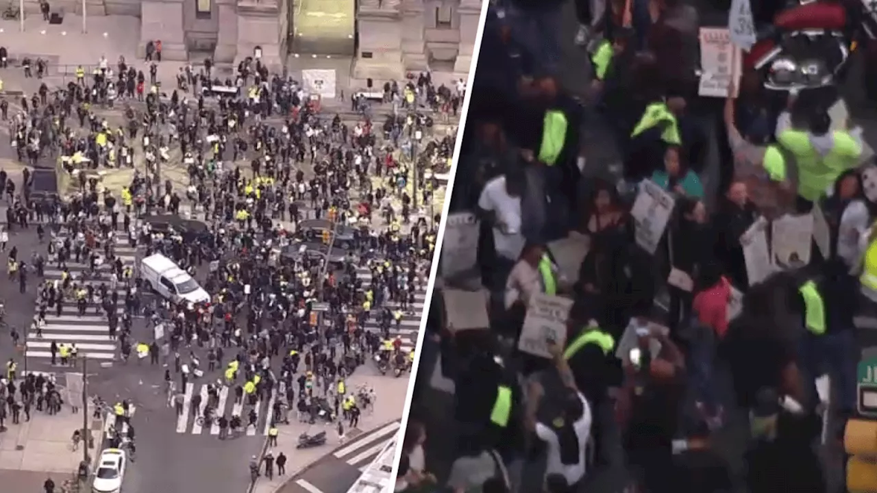 Philly union workers block traffic around City Hall after authorizing strike