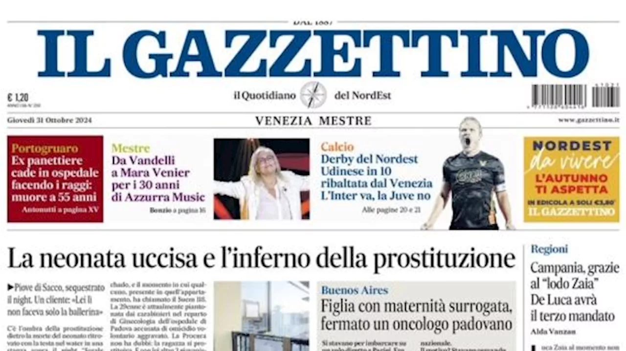 Il Gazzettino in prima pagina: 'Derby del Nordest: Udinese in dieci ribaltata dal Venezia'