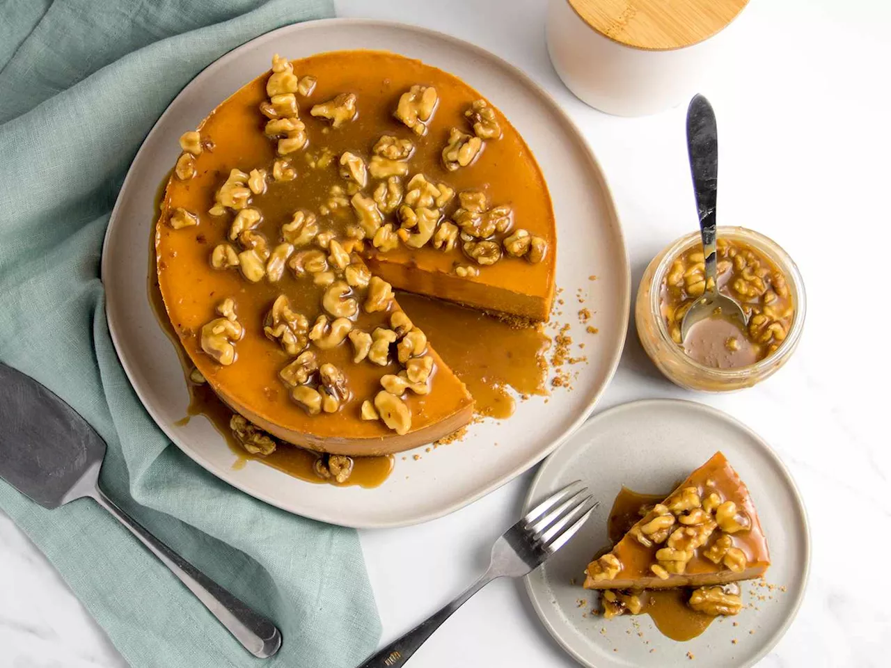 Roasted Sweet Potato Cheesecake With Maple Walnut Caramel Sauce