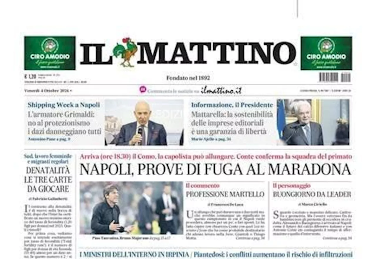 Il Mattino in prima pagina apre sugli azzurri: 'Napoli, prove di fuga al Maradona'