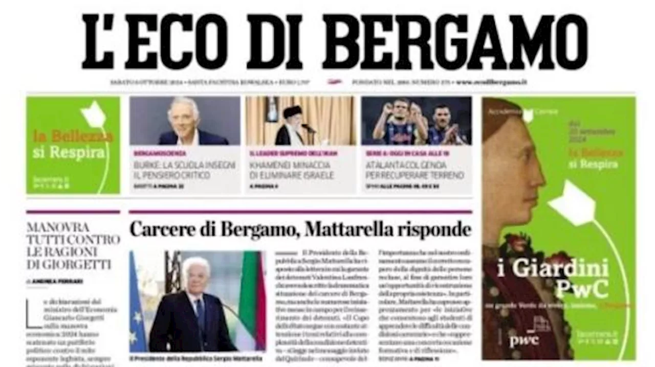 L'Eco di Bergamo in taglio alto: 'Atalanta col Genoa per recuperare terreno'