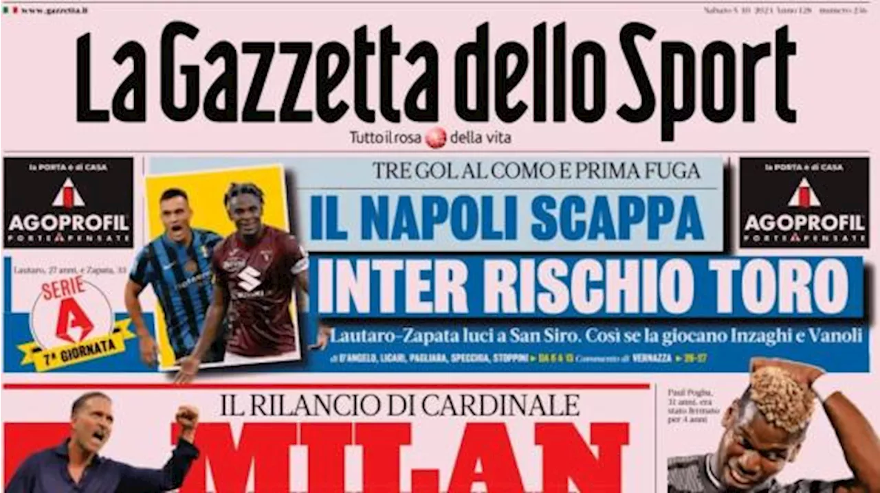 La Gazzetta dello Sport in apertura col rilancio di Cardinale: 'Milan resti mio'