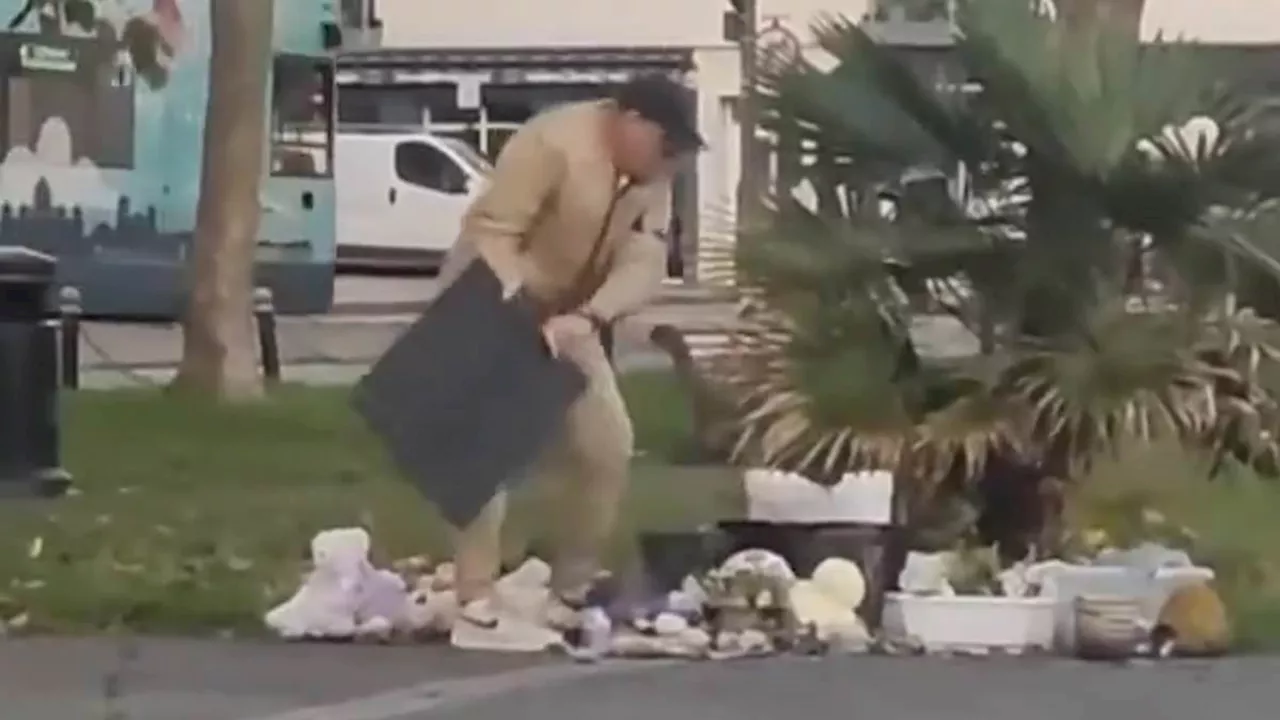 Moment an 'evil old man' destroys an October 7th anniversary memorial