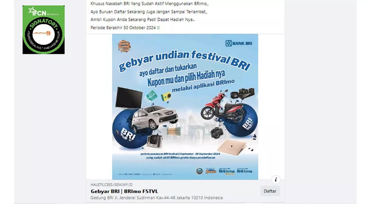 Cek Fakta: Pendaftaran Gebyar Undian Festival BRI Ini Tidak Benar