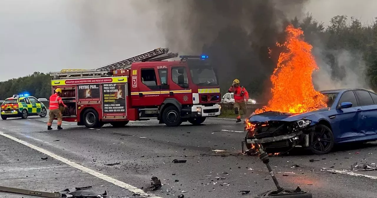 Car bursts into flames on M61 after major crash shutting motorway for hours