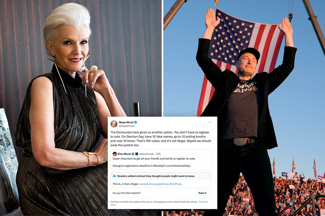 Elon Musk's mom tells followers to use '10 fake names' to vote —which her son's site X flags as 'illegal'