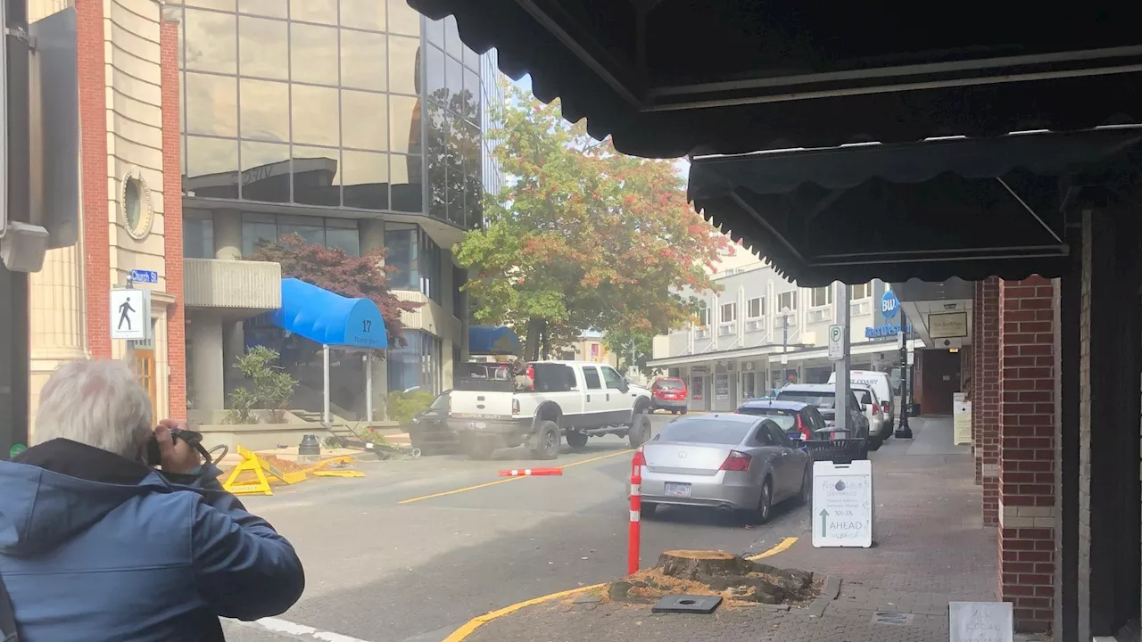 ‘Why didn’t you just wait?’: Onlookers confused after truck driver mounts sidewalk to bypass traffic downtown Nanaimo