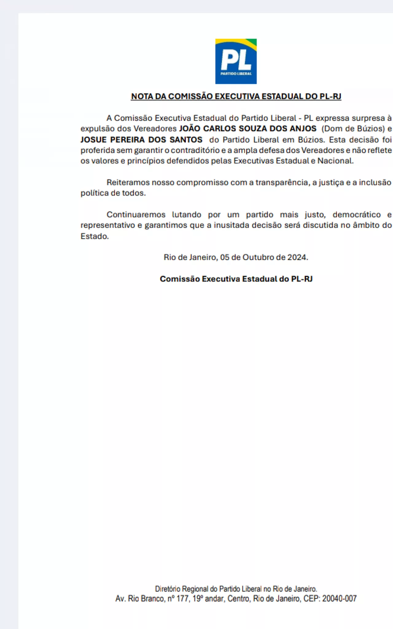 PL de Búzios expulsa dois Vereadores nas vésperas das eleições e executiva estadual do Partido discorda