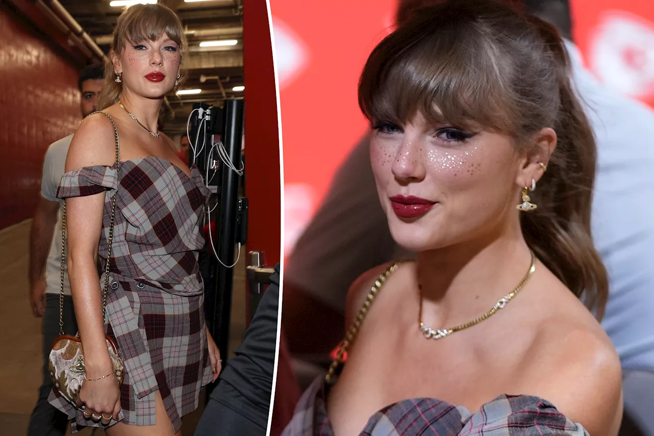 Taylor Swift pairs glitter freckles with plaid skirt set for Chiefs vs. Saints game