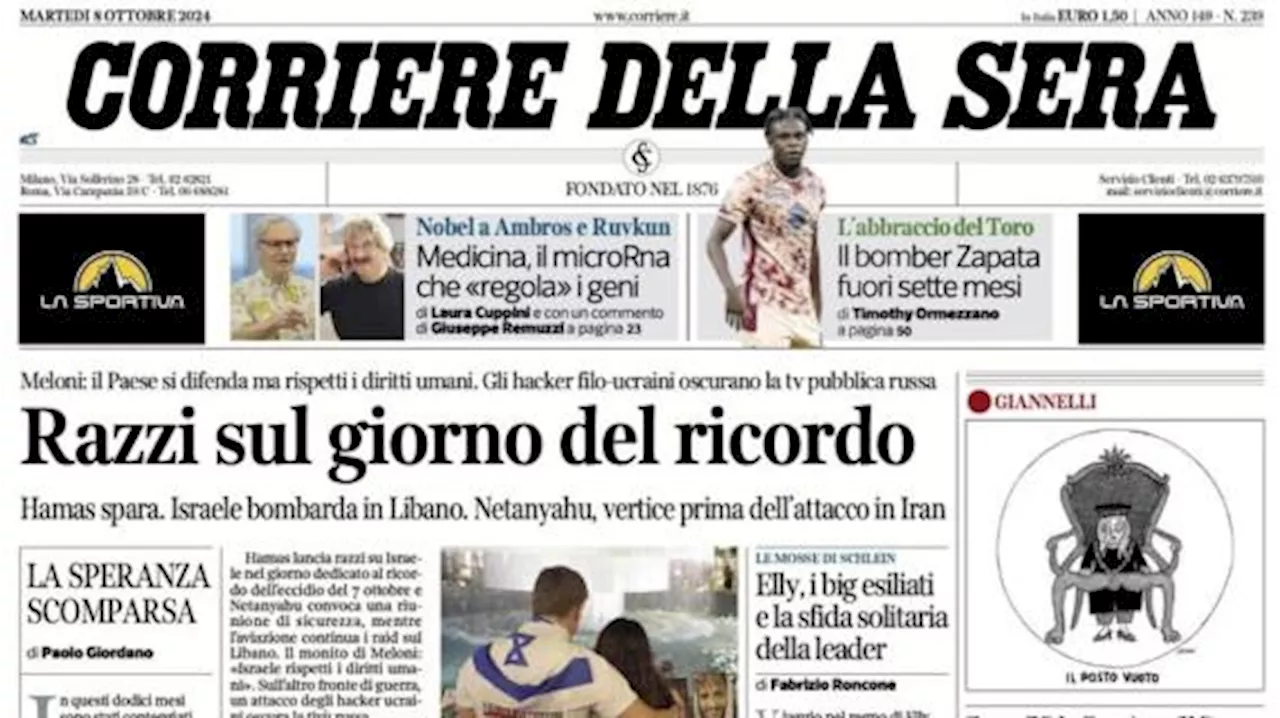 Il Corriere della Sera annuncia in apertura: 'Bomber Zapata fuori per sette mesi'