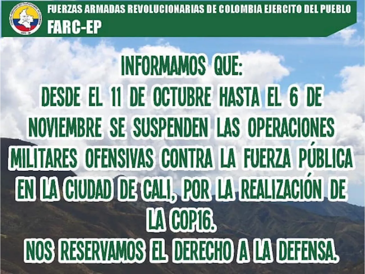 Disidencias de ‘Iván Mordisco’ suspenden ataques contra la Fuerza Pública por la COP16