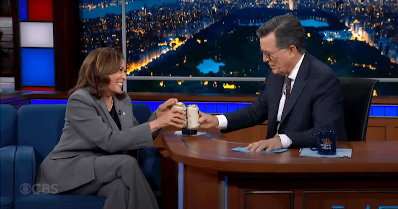 Kamala Harris calls Donald Trump ‘a loser,’ sips beer with Stephen Colbert