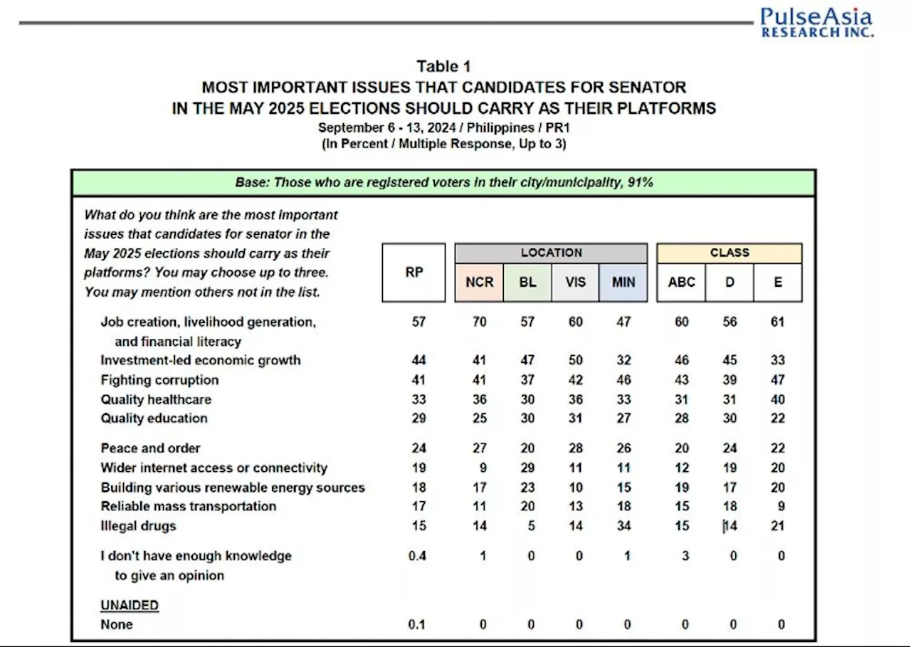 Majority of Pinoys want 2025 Senate bets to plan for job creation —Pulse Asia commissioned poll