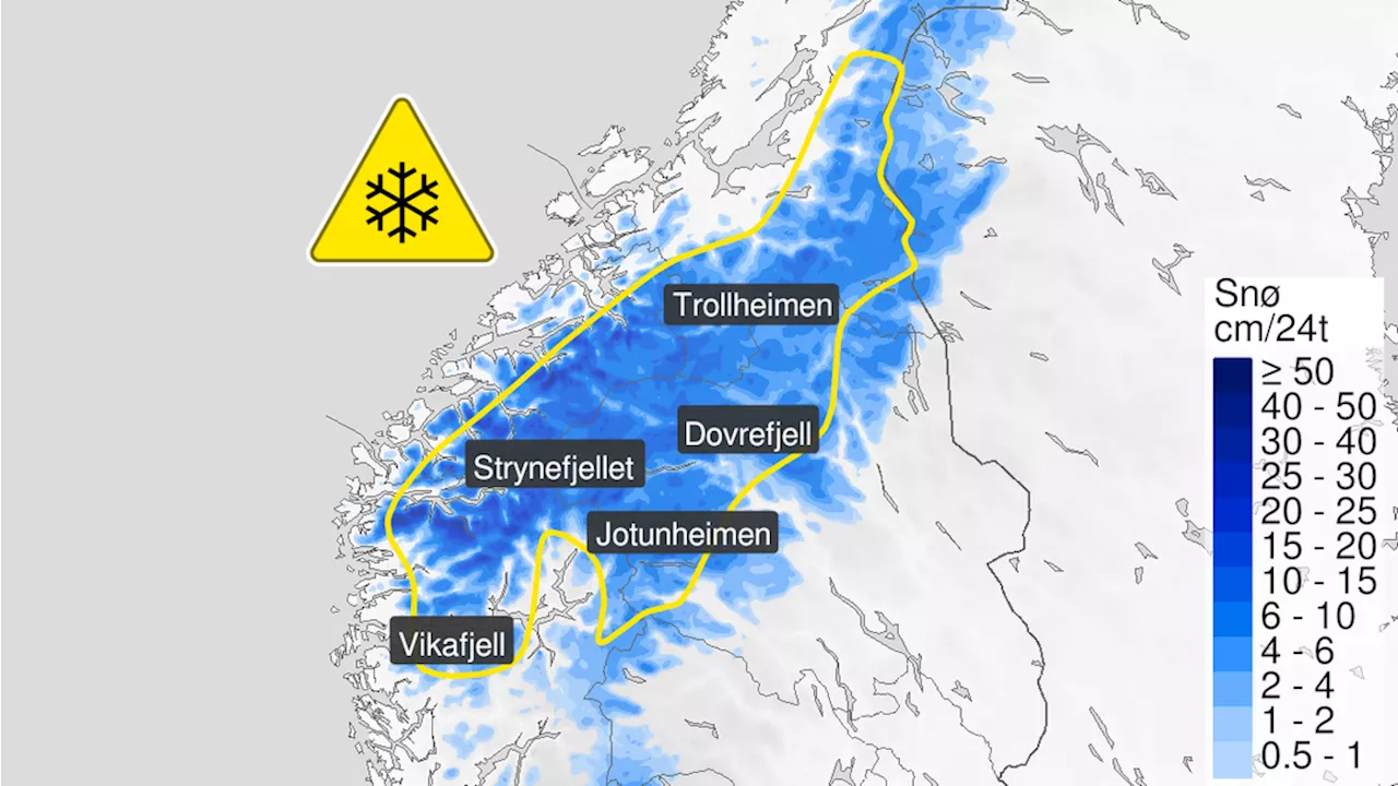 Gult farevarsel for snø i fjellet i Sør-Norge