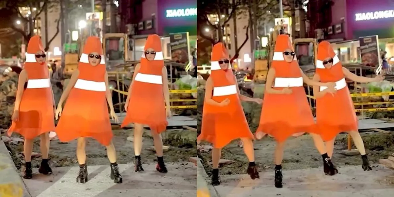 Valeen Montenegro, Ashley Rivera, Dasuri Choi dress up as traffic cones, entertain the streets on Halloween