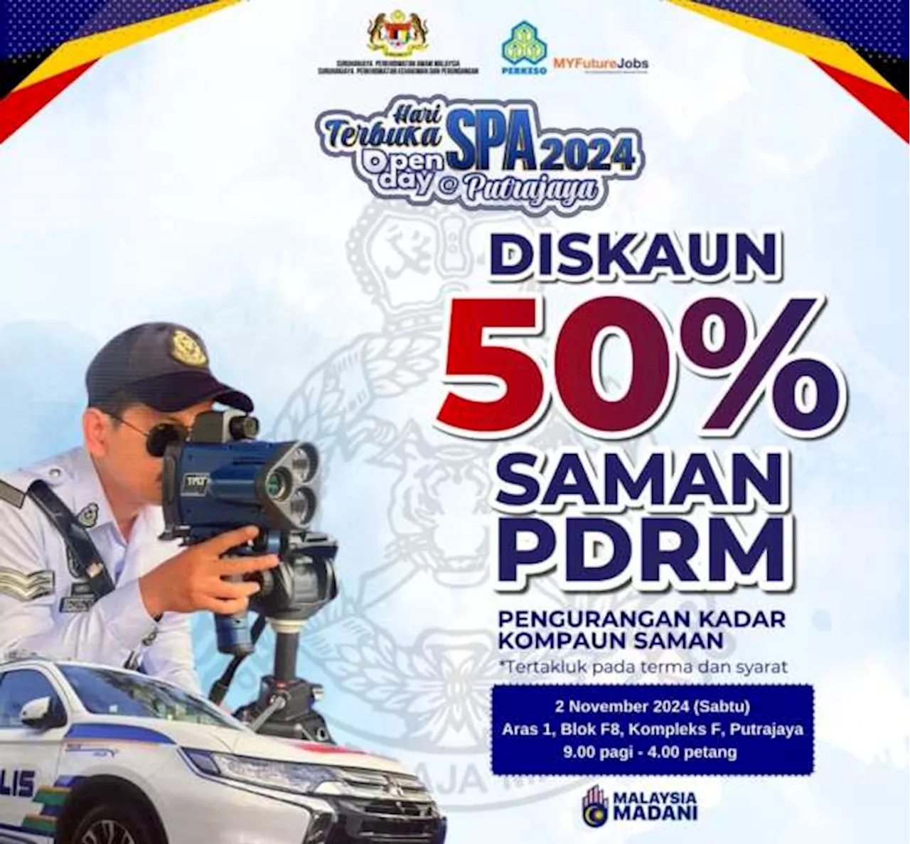 PDRM offering 50% saman discounts tomorrow in Putrajaya, in conjunction with Hari Terbuka SPA 2024