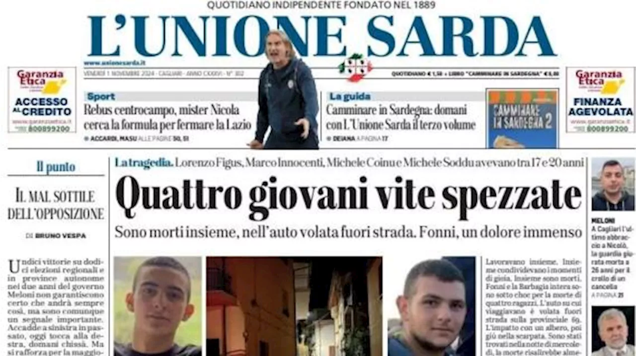 L'Unione Sarda in prima pagina sul Cagliari: 'Nicola cerca la formula per fermare la Lazio'