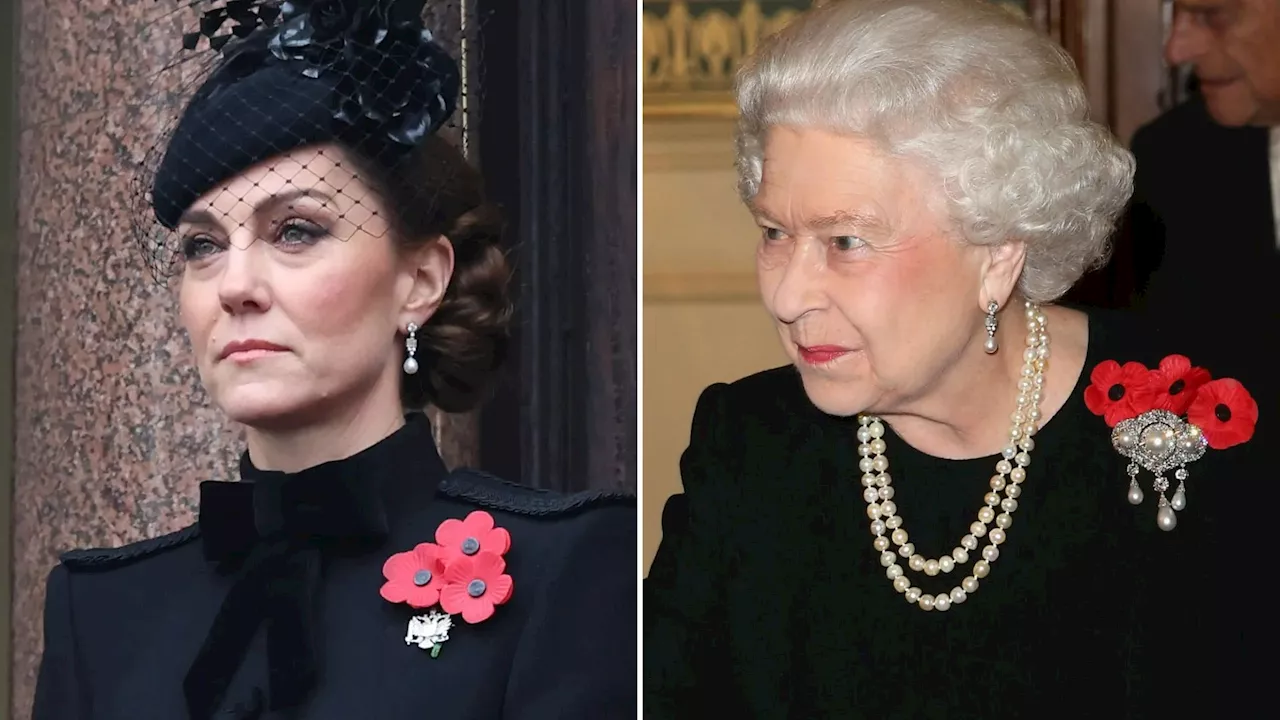 Kate Middleton pays tribute to the late Queen in her earrings as she arrives at Cenotaph with Prince...