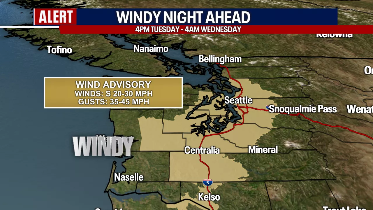 Strong winds, rain Tuesday night across Western Washington