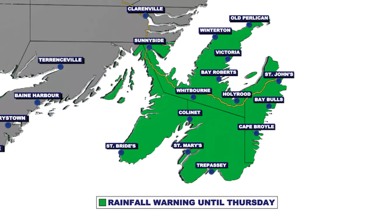 Rain continues over eastern Newfoundland today with warning in effect until Thursday