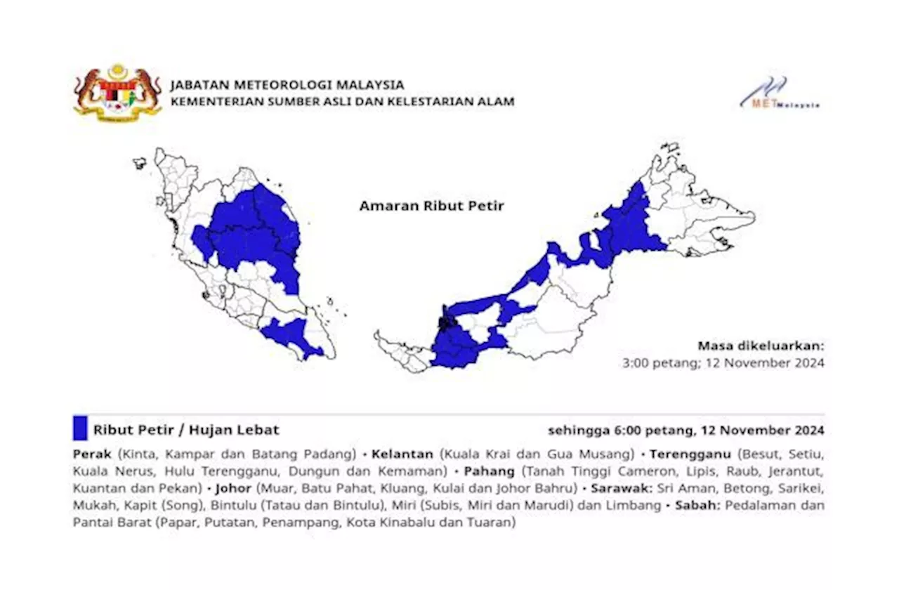 MetMalaysia: Severe weather expected until 6pm today in parts of peninsula, Sabah Sarawak