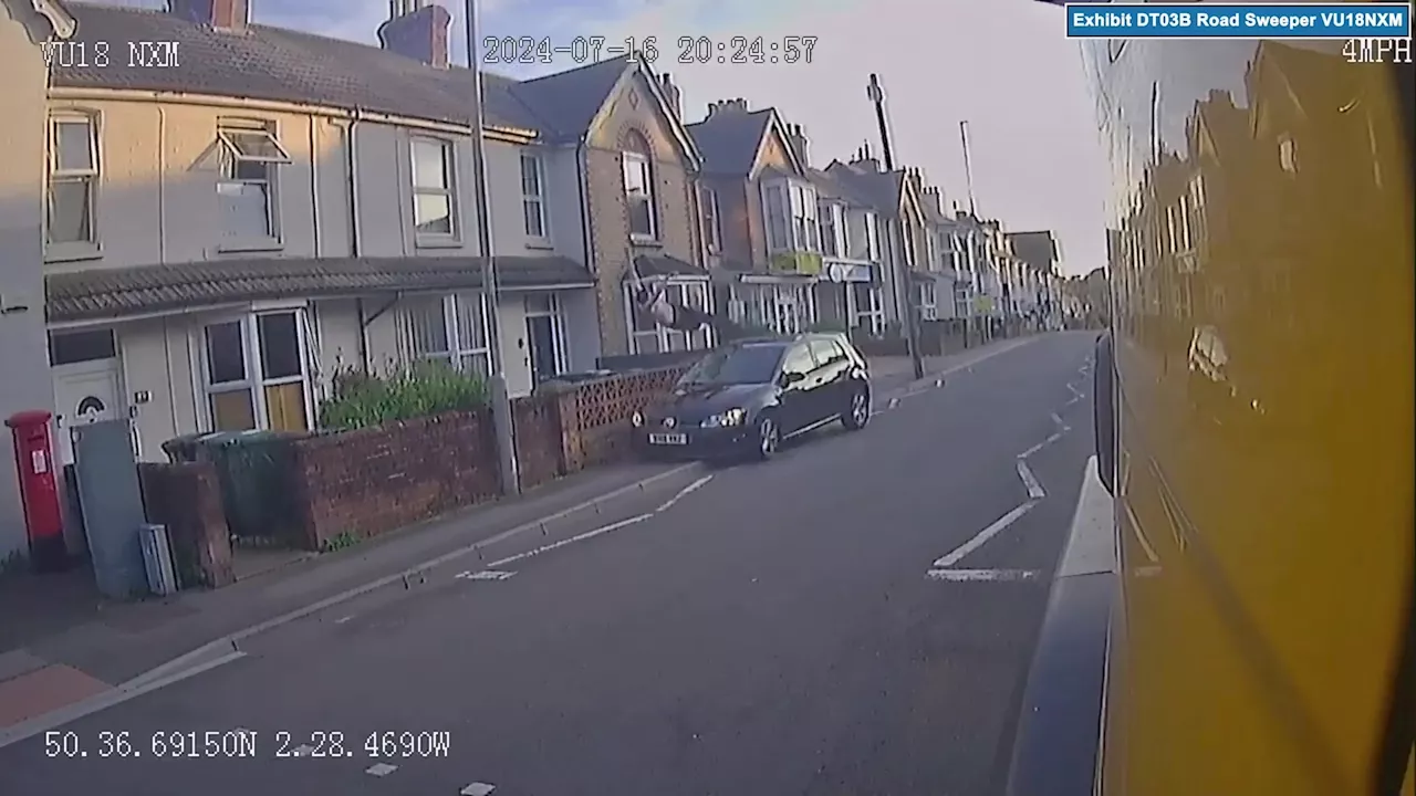 Moment driver ploughs into pedestrian sending him catapulting 20ft into the air before landing face-first...