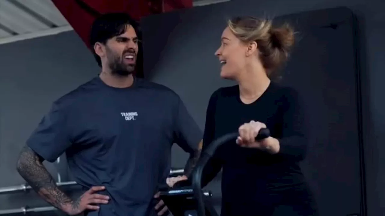 Pregnant Laura Woods is put through her paces by personal trainer fiancé Adam Collard as sports...