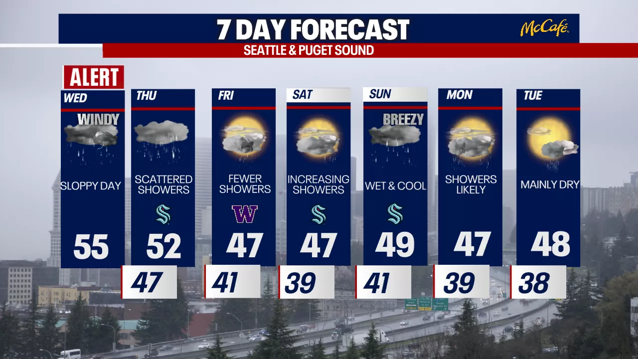 Wet, windy and gray weather forecast in Seattle on Wednesday