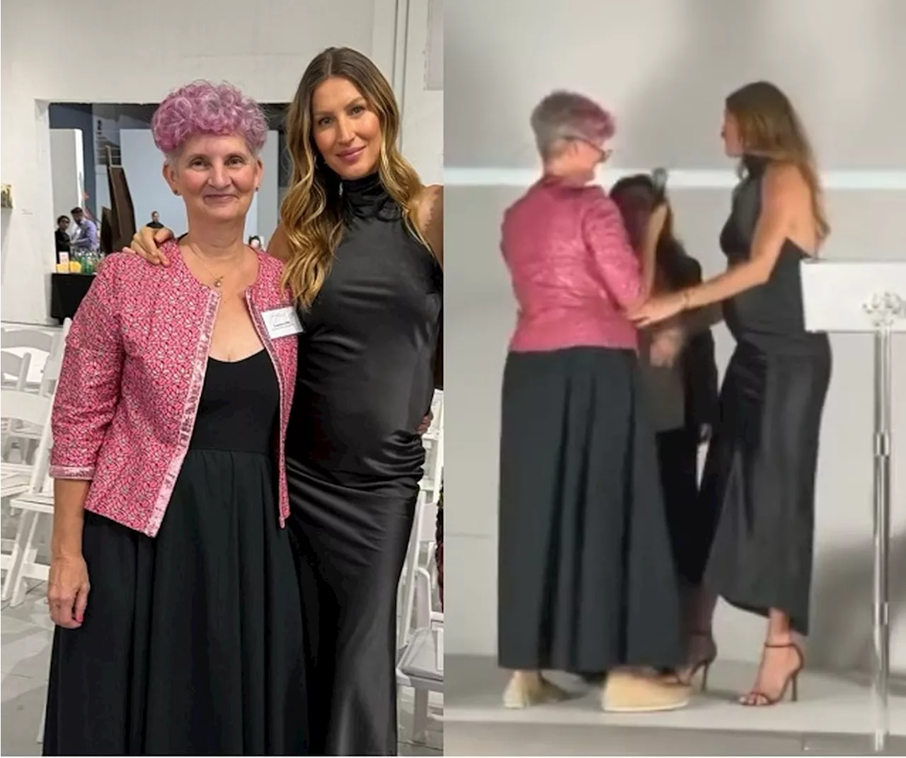 Gisele Bündchen usa vestido longo marcando a barriga de grávida, em evento beneficente