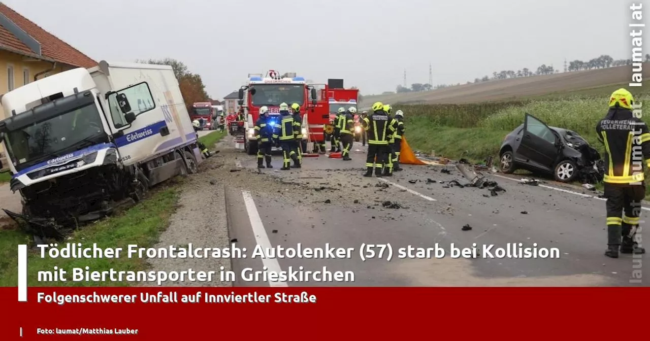 T�dlicher Frontalcrash: Autolenker (57) starb bei Kollision mit Biertransporter in Grieskirchen