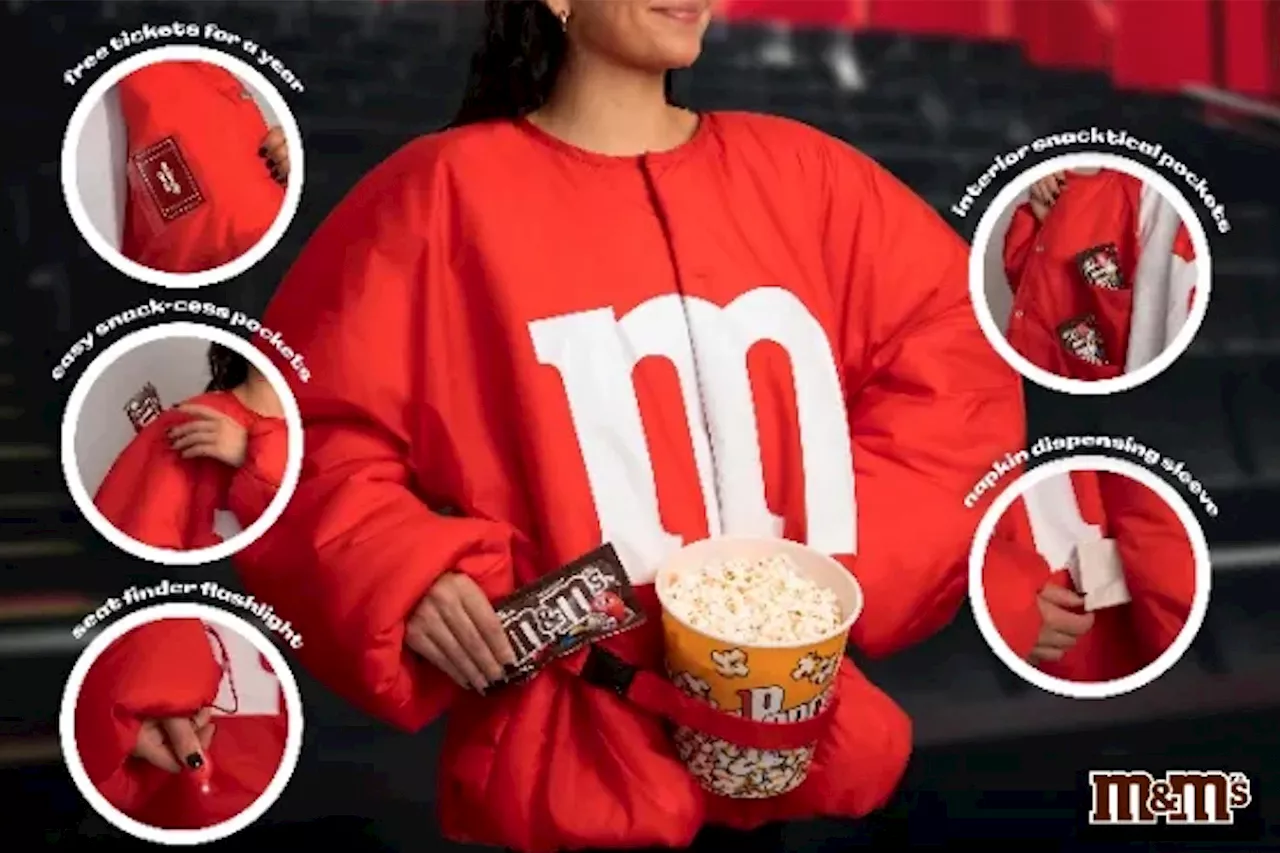 M&M's drops puffy, red jacket with pockets for snacks that's perfect for gluttons this holiday season