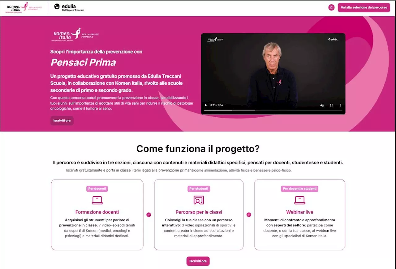 Prevenzione a scuola, progetto digitale 'Pensaci prima' di Komen Italia-Treccani