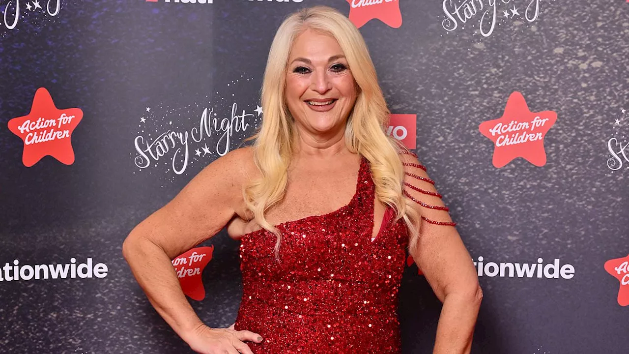 Vanessa Feltz dazzles in a red sequin gown as she joins busty Laura Hamilton at Action For...