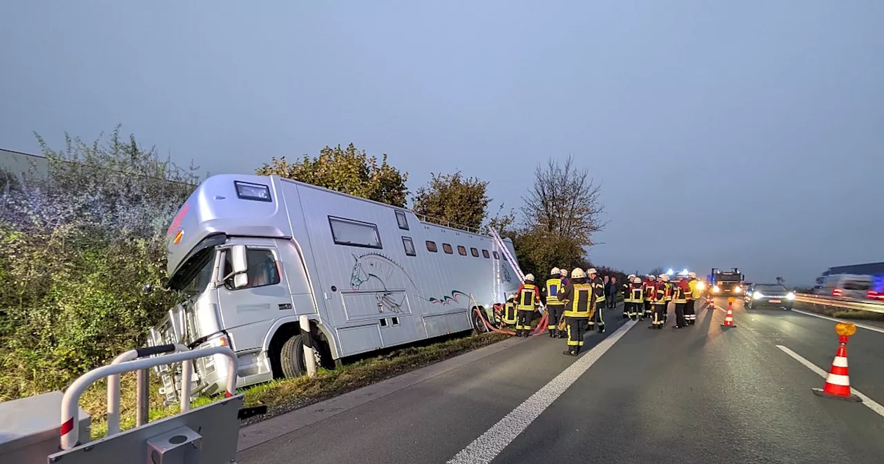 Dramatischer Unfall: Pferdetransporter auf der A33 bei Borchen verunglückt