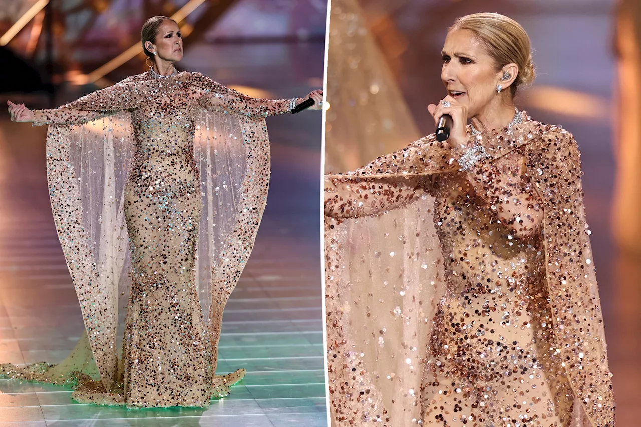 Celine Dion sparkles in pink cape gown as she performs during Elie Saab fashion show