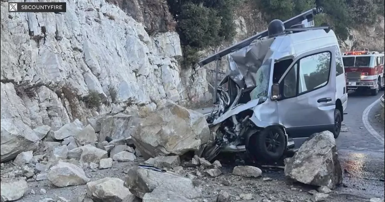 Driver hospitalized after falling boulders crush his car in San Bernardino County