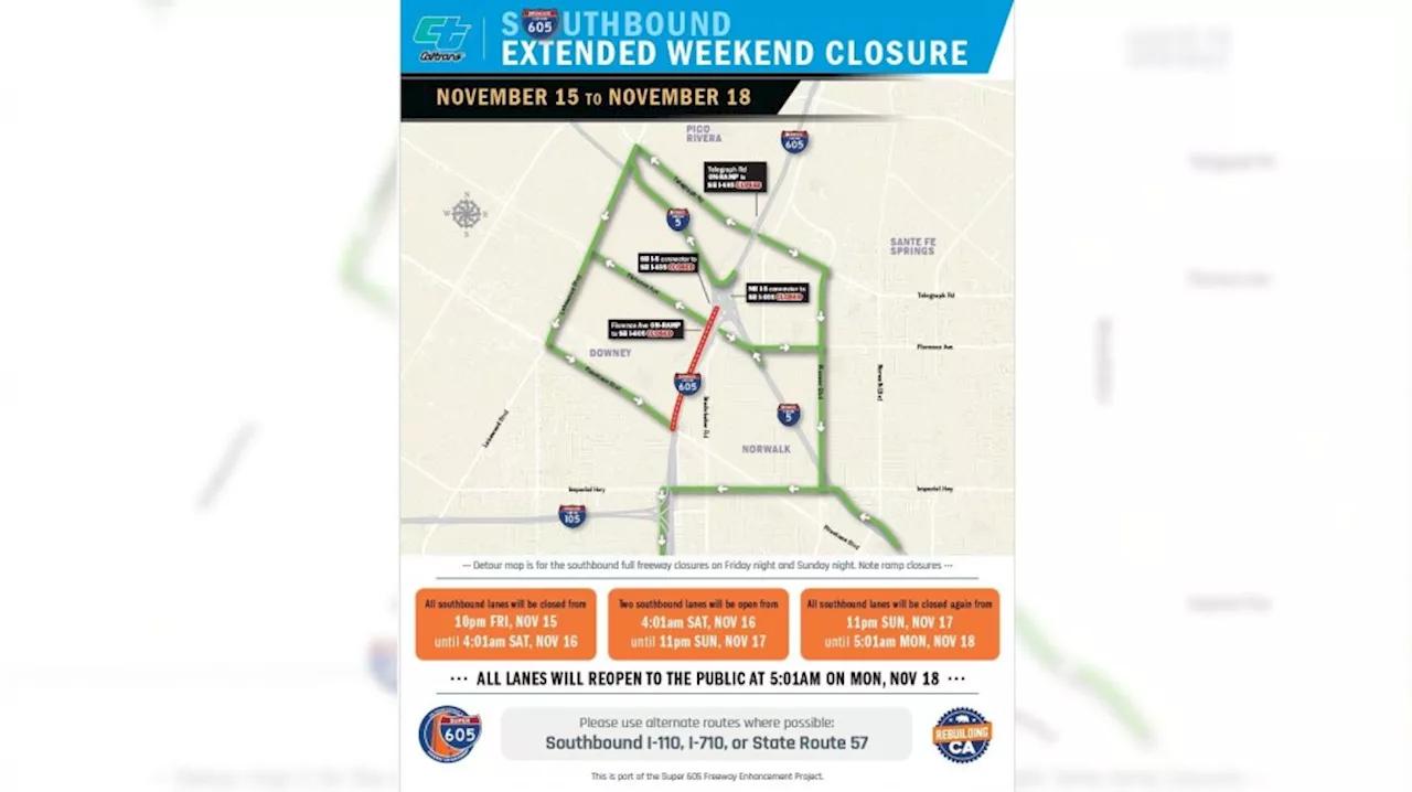 605 Freeway lanes closing in Downey, Norwalk this weekend for roadway upgrades