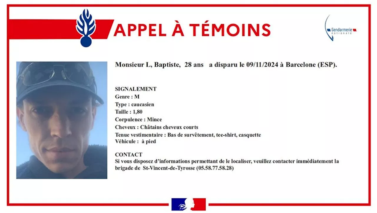 Disparition inquiétante : Baptiste, un jeune Landais, n’a plus été vu depuis 6 jours à Barcelone