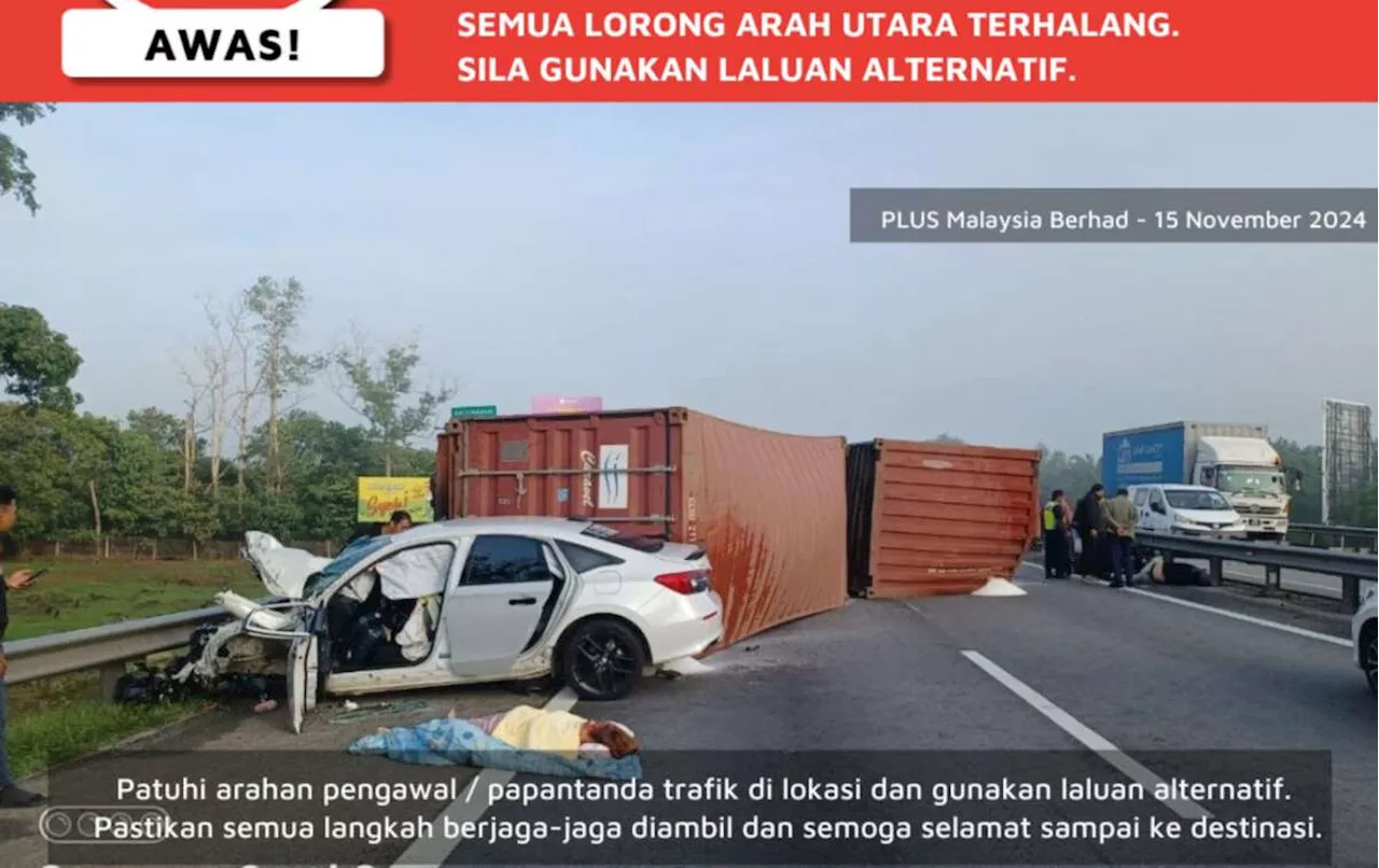 Container lorry crashes through highway divider in Simpang Renggam