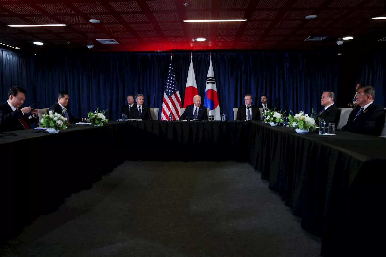 Biden meets South Korea, Japan leaders for pre-Trump huddle on risk