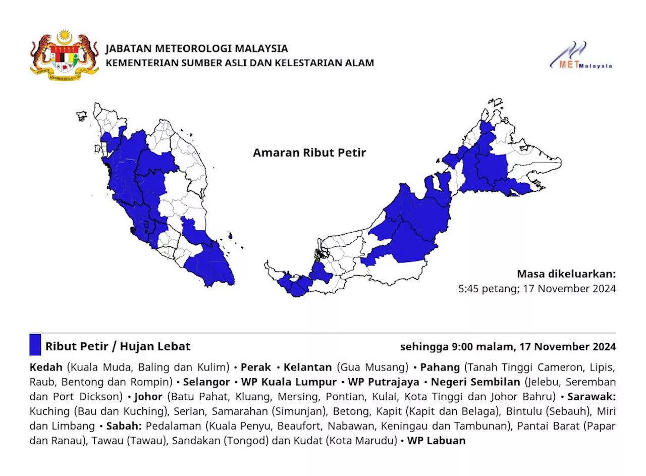 MetMalaysia issues thunderstorm warning for nine states until 9pm Nov 17