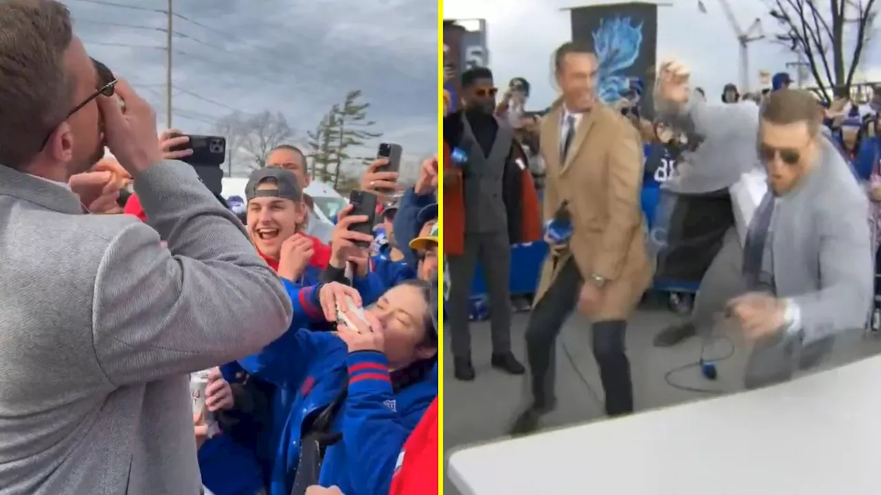 J.J. Watt chugs beers with Bills fans and throws himself through table in wild CBS pregame show...