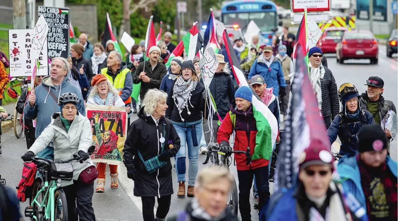 Protests march to Lockheed Martin offices in Esquimalt over Canadian arms exports to Israel