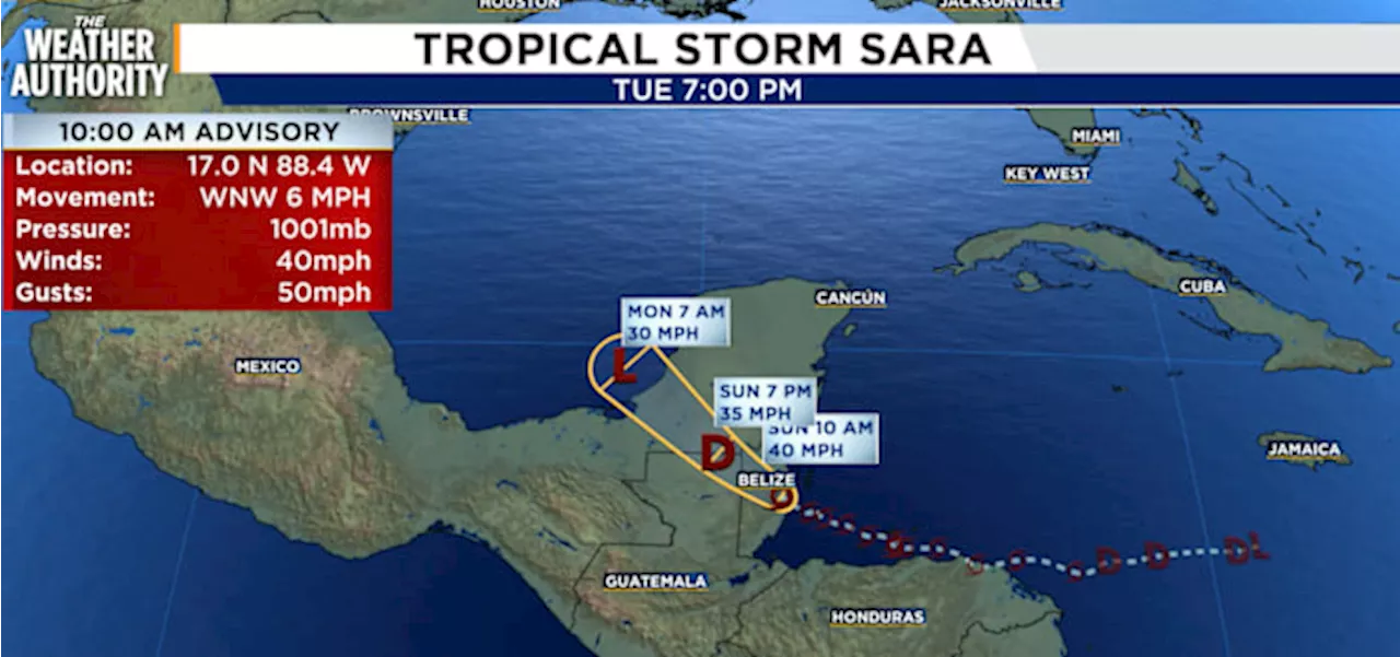 Tropical Storm Sara onshore in Belize, expected to weaken