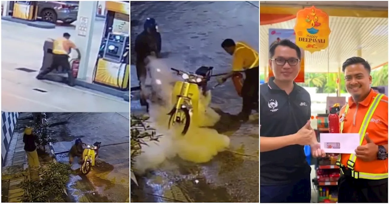 Petrol Station Attendant Praised For Extinguishing Motorcycle Caught on Fire, Gets Cash Reward