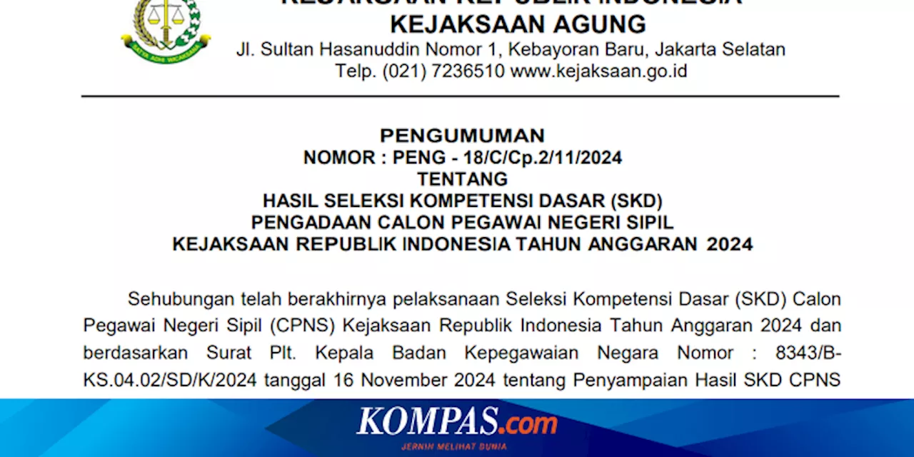 Link Pengumuman Hasil SKD CPNS 2024 Kejaksaan RI, Klik Rekrutmen.kejaksaan.go.id