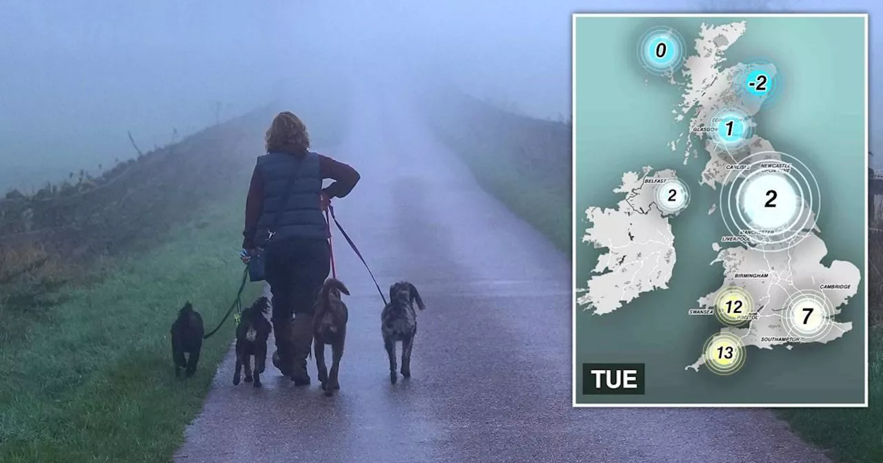 Map reveals where temperatures will plunge to -2°C with snow expected in UK